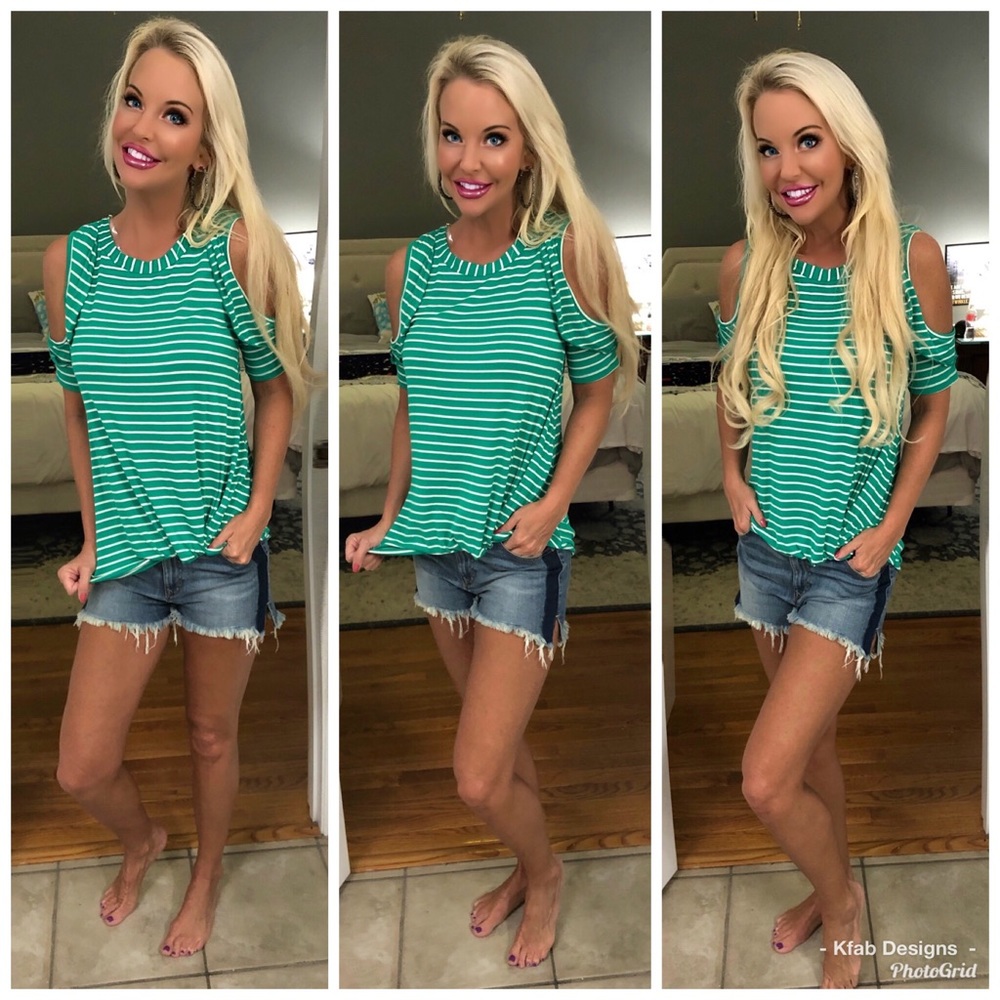 🛍LAST 1! Green Striped Cold Shoulder Top! - Picture 3 of 6